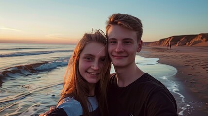 Wall Mural - Portrait of young teen couple man and woman on a beach