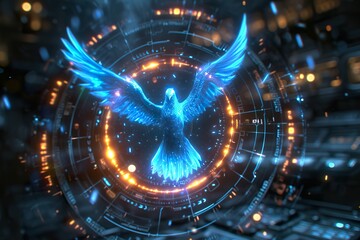 The outline of a blue phoenix, showcase interface cosmic background