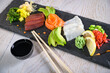 Close-up with assorted sashimi ( (salmon fillet, tuna fillet, cod fillet)