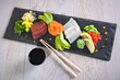 Delicious sashimi food set: salmon fillet, tuna fillet, cod fillet