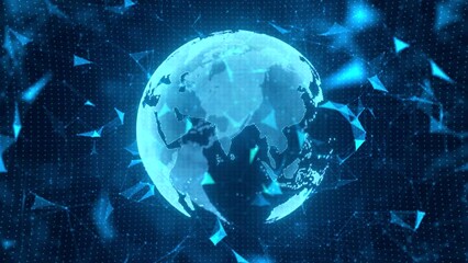 Wall Mural - rotating hologram earth over a futuristic plexus and grid background