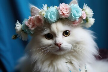  cute fluffy white cat with flowers crown on head on a blue background