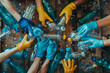teamwork and collaboration of employees in gloves as they work together to sort and recycle garbage, with a particular emphasis on plastic bottles and glasses, photo