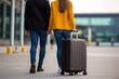 Back view of young business couple with suitcases walking at airport terminal. Travel and business concept. Travel and tourism concept with copy space. Travel concept 