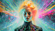 Portrait serré, de face, d'une magnifique femme blonde, image futuriste, les cheveux sont prolongés par des projections lumineuses de couleurs vives ,dans tout le cadre de l'image 