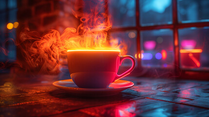 Poster - Coffee Cup Illuminated by Neon Lighting