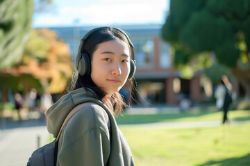 Wall Mural - Cool young Japanese female student wearing headphones, relaxed with backpack at university, concentrating on campus lifestyle outdoors