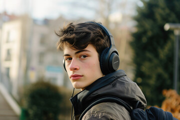 Wall Mural - Cool young male student wearing headphones, relaxed with backpack at university, concentrating on campus lifestyle outdoors