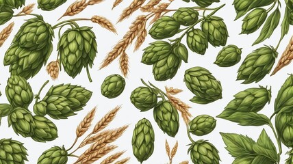 Wall Mural - Hand-Drawn Hops And Wheat Illustrations, Isolated On White