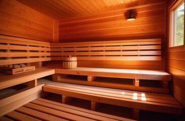 Interior of classic wooden Finnish sauna.