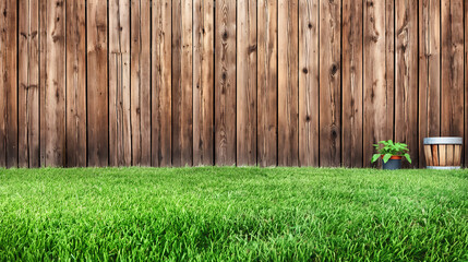 Wall Mural - green grass lawn and wooden fence in summer backyard garden