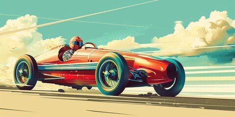 red vintage racing car with driver illustration 