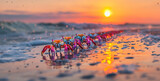 Fototapeta Londyn - sunset at the beach, A line of colorful crabs scuttle across the beach at sunrise, their shells reflecting the morning light photography