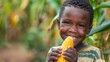 Portrait of a African boy eating grilled corn with a blurry backdrop and a space for text or product, Generative AI.