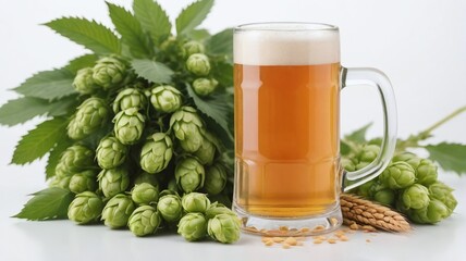 Wall Mural - Mug Of Beer Next To Wheat Ears And Green Hops