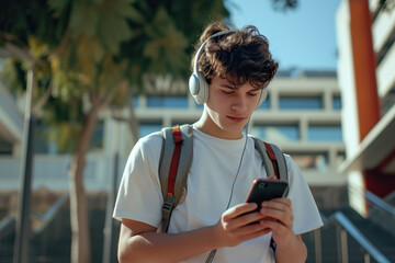 Wall Mural - Young male teenager student wearing headphones and backpack using smartphone at university