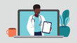 Vektor-Illustration eines männlichen Arztes mit einem Stethoskop der eine medizinische Aufzeichnung hält auf einem Laptop-Bildschirm - Gesundheit Konzept