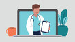 Vektor-Illustration eines männlichen Arztes mit einem Stethoskop der eine medizinische Aufzeichnung hält auf einem Laptop-Bildschirm - Gesundheit Konzept