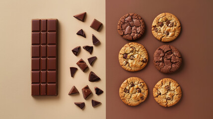 Top view of chocolate bar and cookies on beige and brown split background. Healthy snacks concept. Generative AI