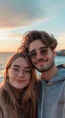 Wall Mural - Vertical portrait of teenage man and woman on a beach standing