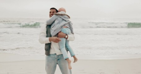 Canvas Print - Beach, family and father with girl, love and happiness with nature and bonding together with summer break. Outdoor, seaside and dad with daughter and cheerful with vacation and adventure with holiday