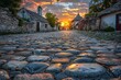 Cobblestone Street With Sunset Background