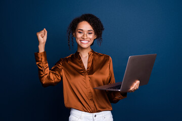 Poster - Photo of lady executive agent working on netbook achieve success raise fists up isolated blue color background