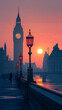 © ADDICTIVE STOCK - AI generated serene twilight scene featuring London iconic Big Ben and Westminster Bridge lamps. Generative AI