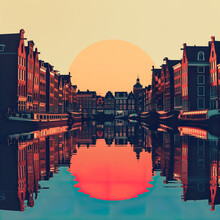 Stylized Depiction Of A Sunset Over Amsterdam's Canal Houses, With A Vibrant Reflection On The Water. Generative AI