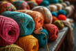 © ADDICTIVE STOCK - Generative AI illustration of rows of colorful wool yarn balls line up, presenting a rainbow of options for crafting enthusiasts at a local market