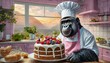 Gorilla bakes a cake in the kitchen