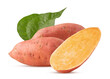 Two sweet potato one cut in half with green leaf