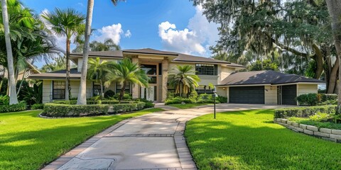 Canvas Print - Modern big luxury house with green lawn and blue sky 