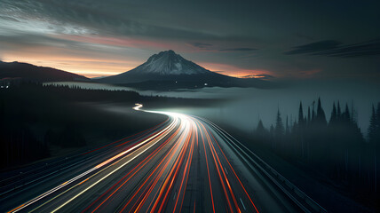 Wall Mural - Sunset over the mountains with light motion speed blur