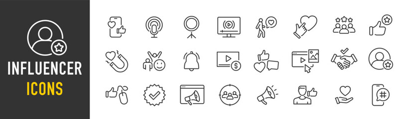 Wall Mural - influencer web icons in line style. content, community, promotion, influencer, social media, ambassa