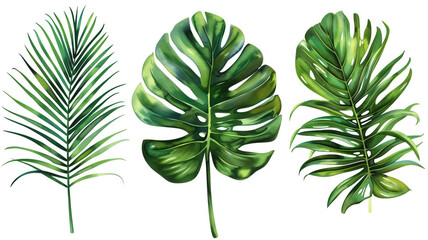 Exotic Tropical Foliage: Palm Leaves, Monstera, and More - Watercolor Vector Illustration on White Background