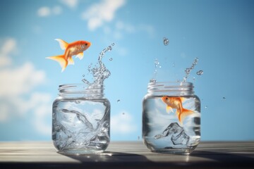 Two jars of water and goldfish jumping in the air, 