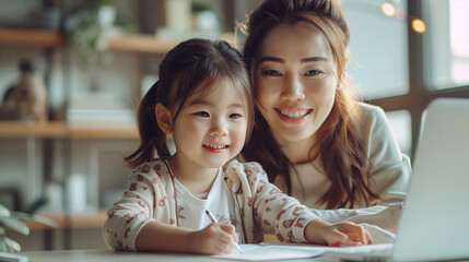 Children education and home school concept : Young asian mother pleased to see little daughters' study online sitting on desk.