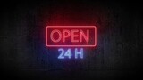 Fototapeta Przestrzenne - 3d render of neon sign open 24 hours on the wall