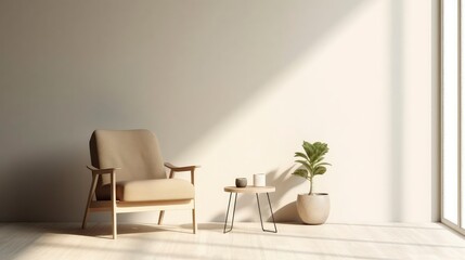 Minimalist living room interior with chair and table. Copy space. Space for text