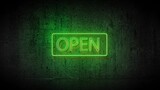 Fototapeta Przestrzenne - 3d render of a green neon sign open on a concrete wall
