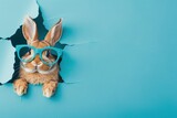 Fototapeta Panele - A cute bunny wearing stylish blue glasses is peeking through a torn blue paper, giving a cheeky yet adorable look