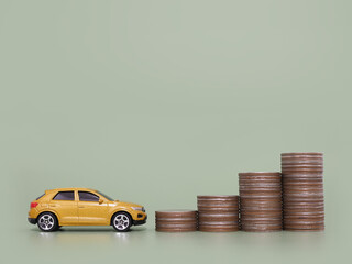 Poster - Toy car and stack of coins. The concept of saving money and manage to success transport business