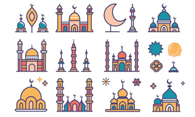 ramadan vector flat color icon bundle set for ramadan kareem event muslim new year