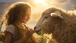 Young child girl with lamb in serene moment of connection in soft glow of sun. Feelings of comfort, companionship, harmony and friendship, simple joys of life on the farm, idyllic rural life