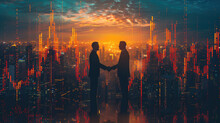 Double Exposure Of Financial Graph On Cityscape Background With Two Businessman Handshake. Concept Of Stock Market Deal