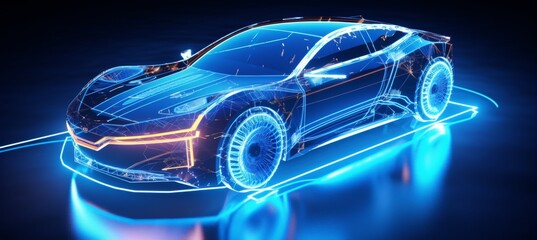 Wall Mural - Futuristic electric car with holographic wireframe technology on white background