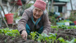 © Jasmina - Happy senior woman planting young vegetables in beds