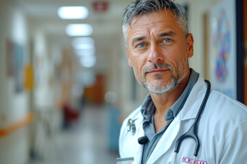 Wall Mural - Portrait of mature male doctor wearing white coat standing in hospital corridor