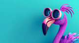 Fototapeta Zwierzęta - vibrant 3D cartoon featuring a cheerful pink and blue flamingo holding binoculars with excitement. color of purple and teal add to the whimsical atmosphere of the scene, making it a composition